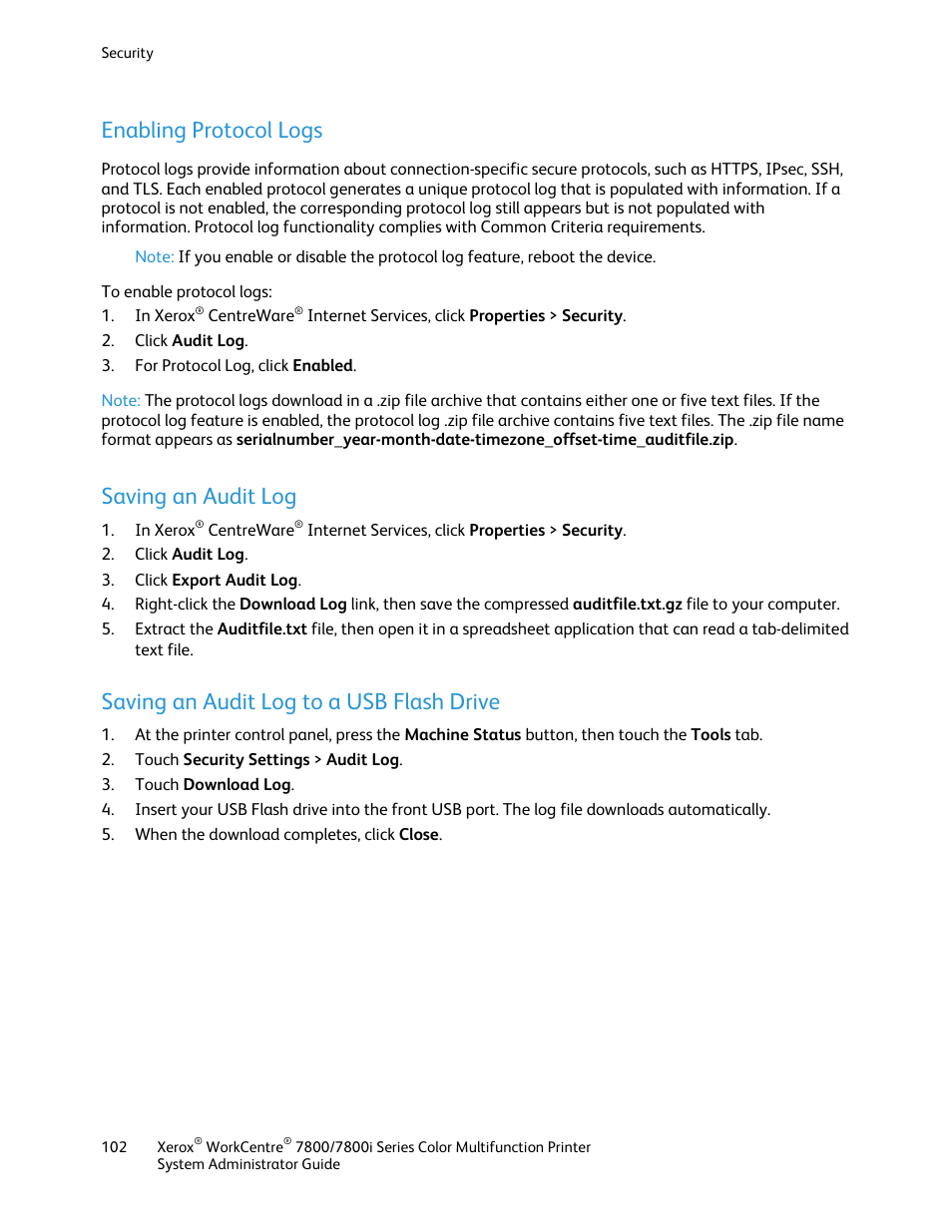 Enabling protocol logs, Saving an audit log, Saving an audit log to a usb flash drive | Xerox WorkCentre 7835ii User Manual | Page 102 / 284