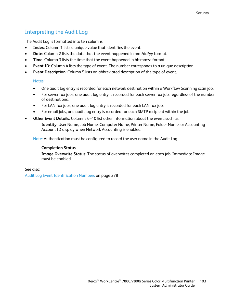 Interpreting the audit log | Xerox WorkCentre 7835ii User Manual | Page 103 / 284