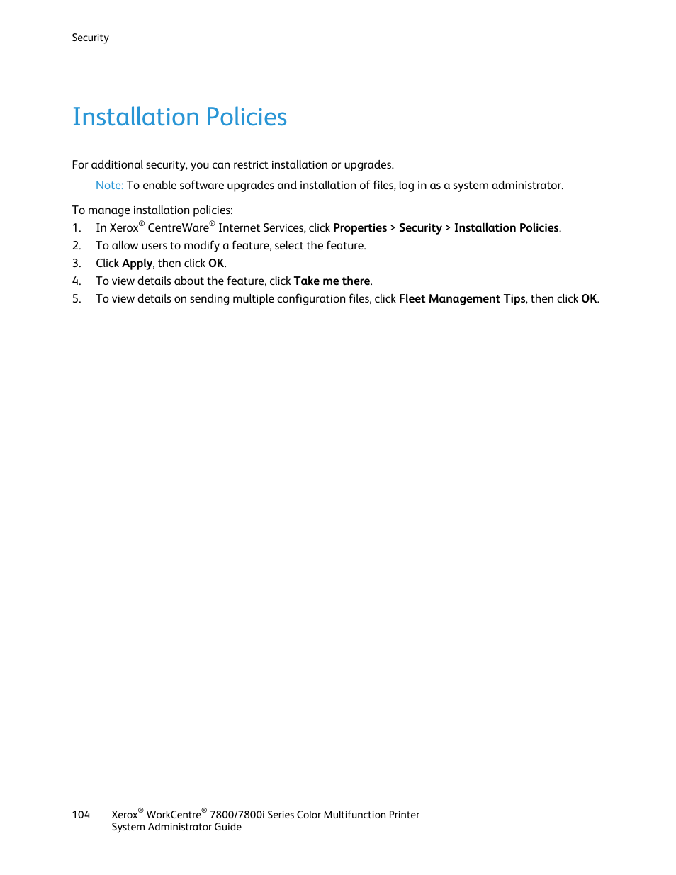 Installation policies | Xerox WorkCentre 7835ii User Manual | Page 104 / 284