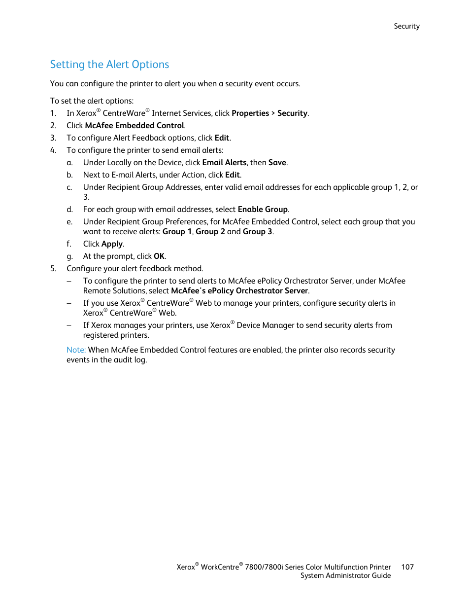 Setting the alert options | Xerox WorkCentre 7835ii User Manual | Page 107 / 284