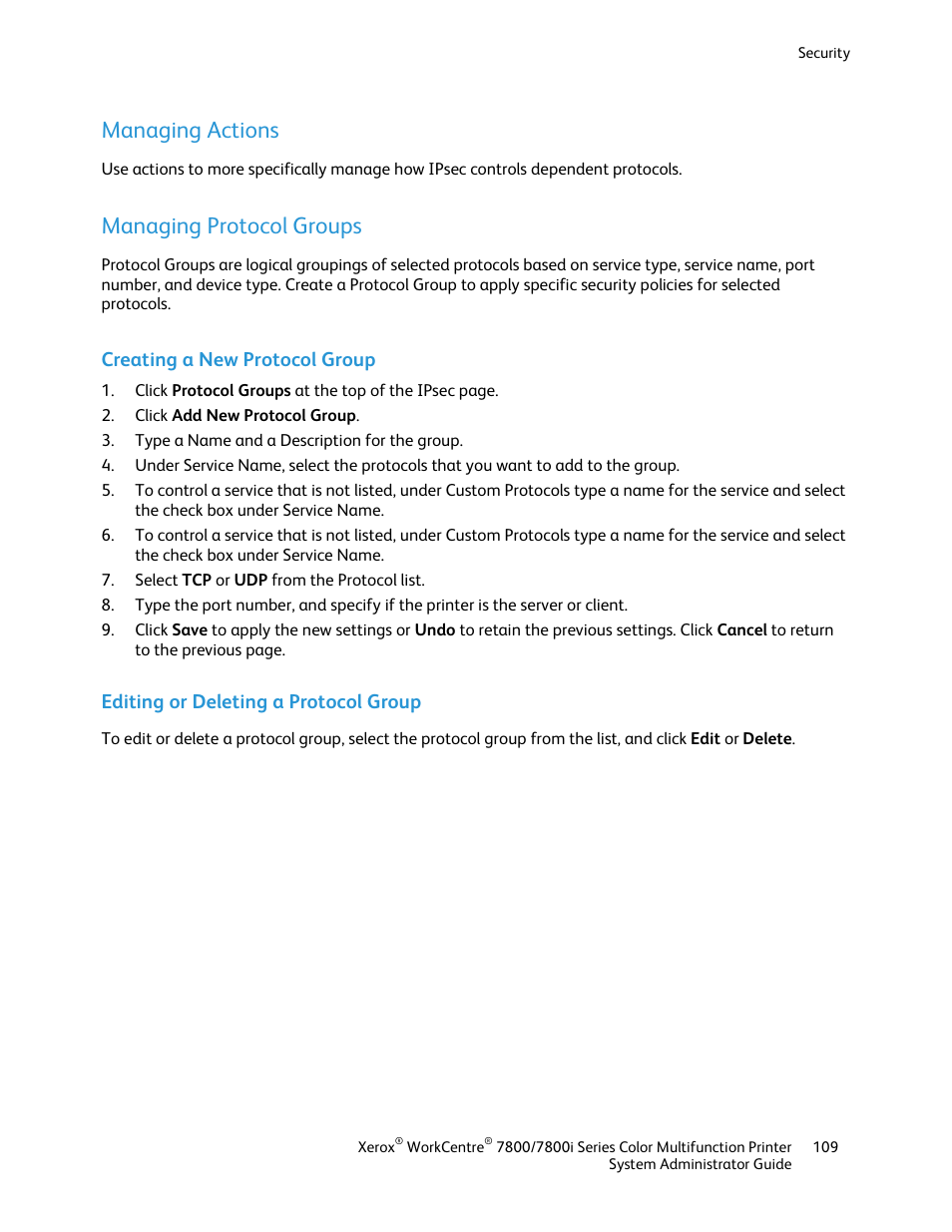 Managing actions, Managing protocol groups, Creating a new protocol group | Editing or deleting a protocol group | Xerox WorkCentre 7835ii User Manual | Page 109 / 284