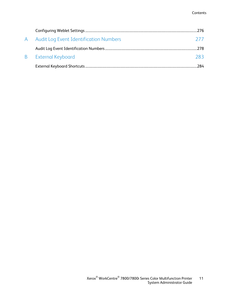 A audit log event identification numbers 277, B external keyboard 283 | Xerox WorkCentre 7835ii User Manual | Page 11 / 284