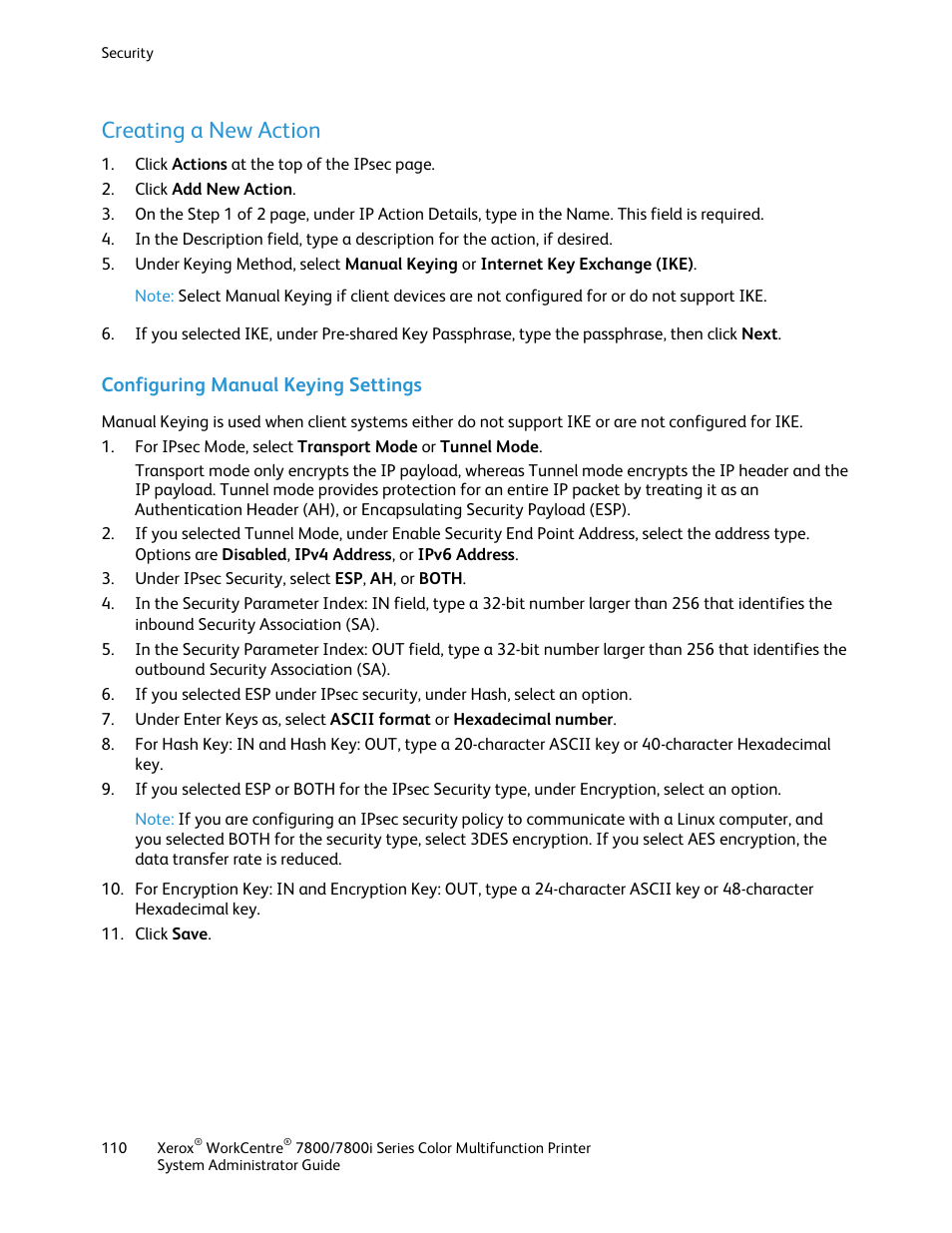 Creating a new action, Configuring manual keying settings | Xerox WorkCentre 7835ii User Manual | Page 110 / 284