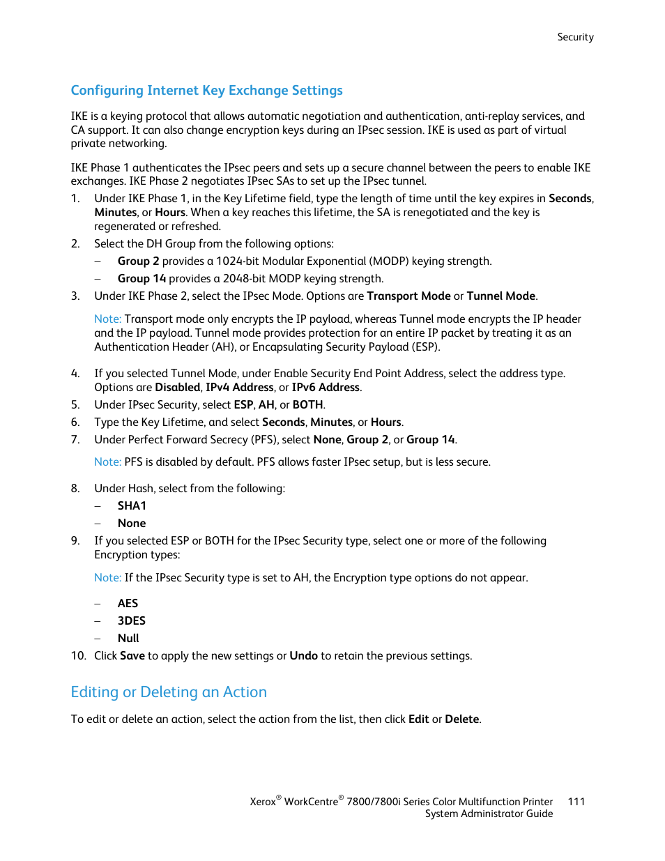 Configuring internet key exchange settings, Editing or deleting an action | Xerox WorkCentre 7835ii User Manual | Page 111 / 284