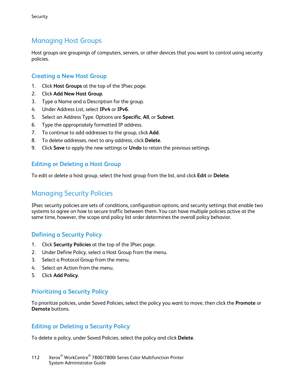 Managing host groups, Creating a new host group, Editing or deleting a host group | Managing security policies, Defining a security policy, Prioritizing a security policy, Editing or deleting a security policy | Xerox WorkCentre 7835ii User Manual | Page 112 / 284