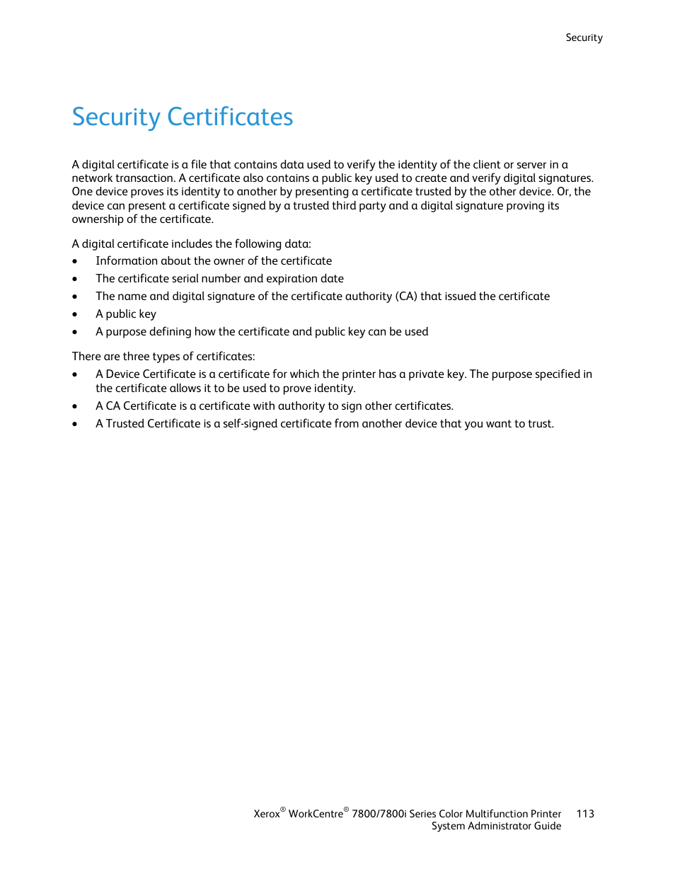 Security certificates | Xerox WorkCentre 7835ii User Manual | Page 113 / 284