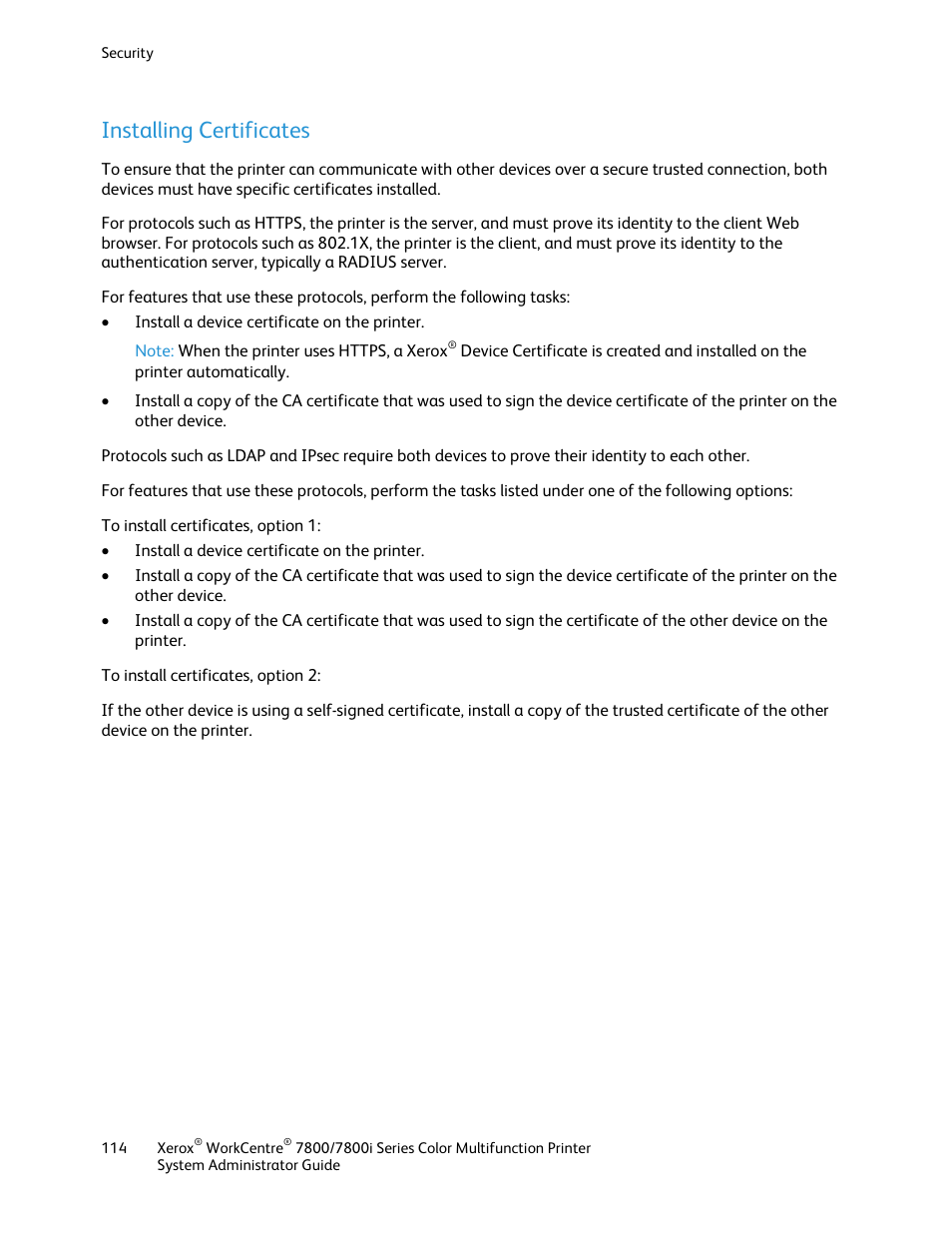 Installing certificates | Xerox WorkCentre 7835ii User Manual | Page 114 / 284