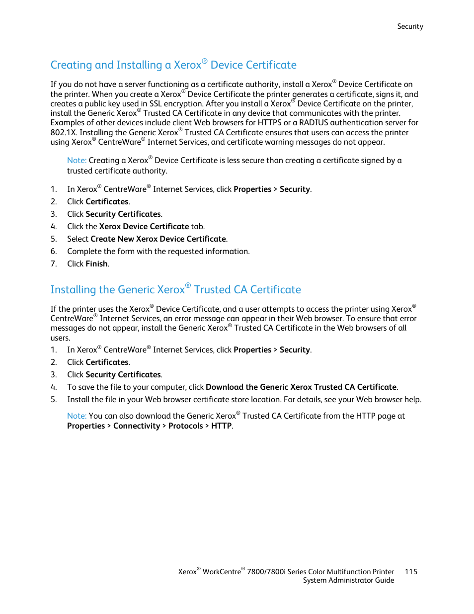 Creating and installing a xerox, Device certificate, Installing the generic xerox | Trusted ca certificate | Xerox WorkCentre 7835ii User Manual | Page 115 / 284
