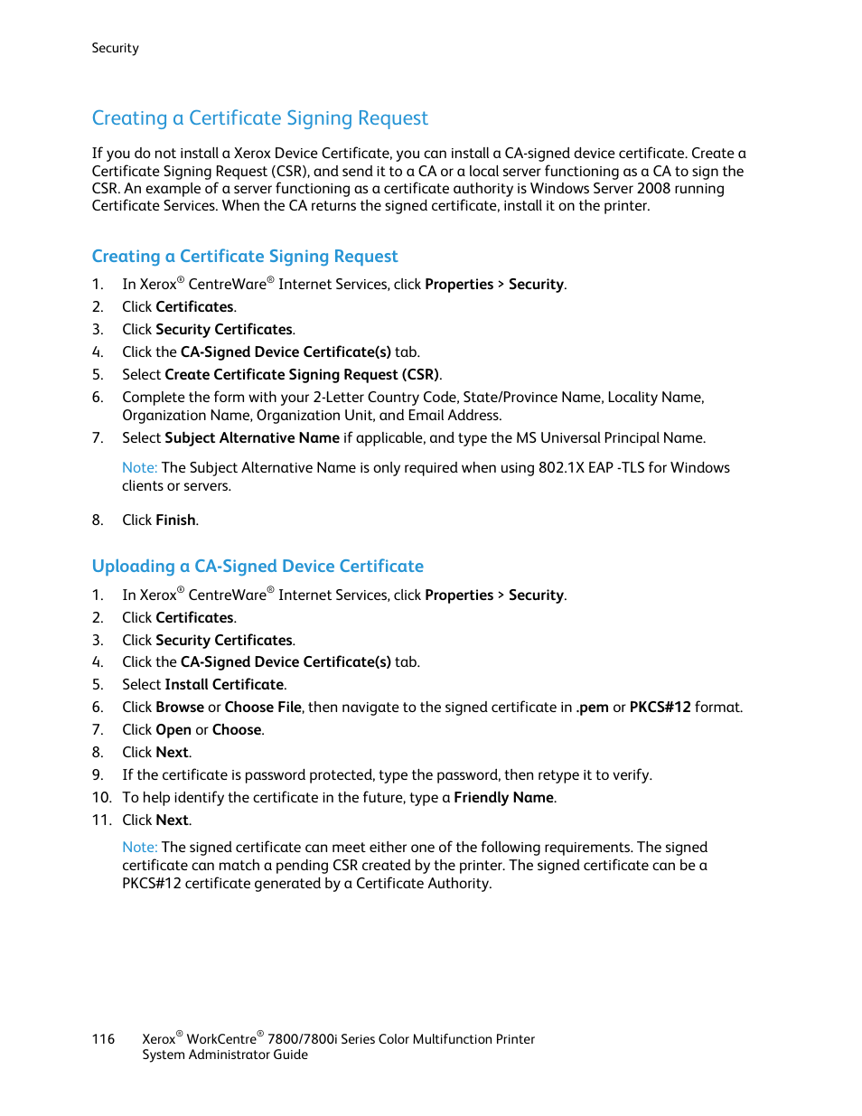 Creating a certificate signing request, Uploading a ca-signed device certificate | Xerox WorkCentre 7835ii User Manual | Page 116 / 284