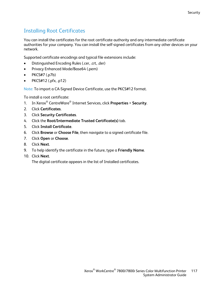 Installing root certificates | Xerox WorkCentre 7835ii User Manual | Page 117 / 284