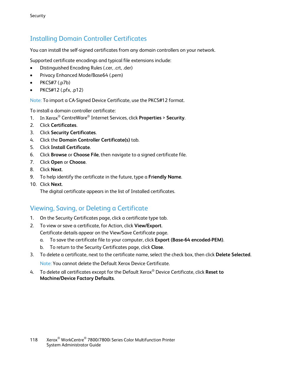 Installing domain controller certificates, Viewing, saving, or deleting a certificate | Xerox WorkCentre 7835ii User Manual | Page 118 / 284
