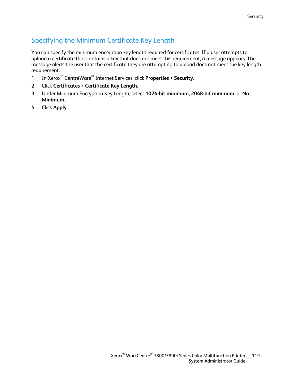 Specifying the minimum certificate key length | Xerox WorkCentre 7835ii User Manual | Page 119 / 284