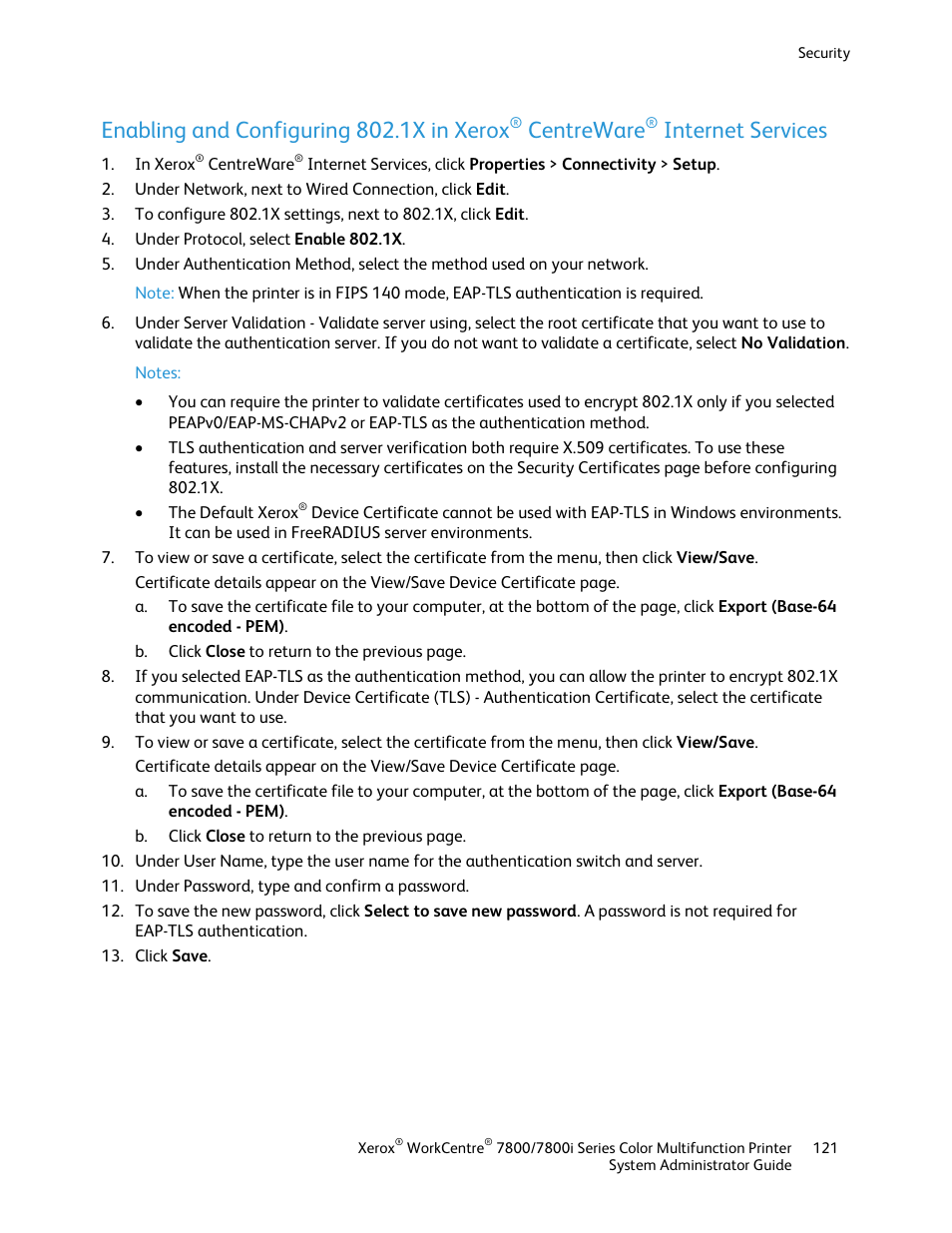 Enabling and configuring 802.1x in xerox, Centreware, Internet services | Xerox WorkCentre 7835ii User Manual | Page 121 / 284
