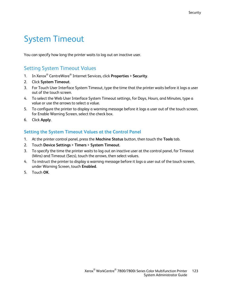 System timeout, Setting system timeout values | Xerox WorkCentre 7835ii User Manual | Page 123 / 284