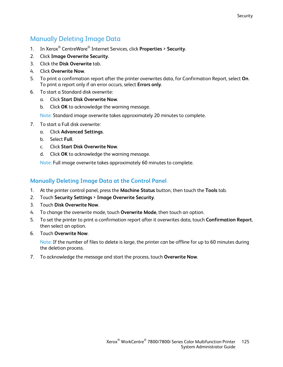 Manually deleting image data, Manually deleting image data at the control panel | Xerox WorkCentre 7835ii User Manual | Page 125 / 284