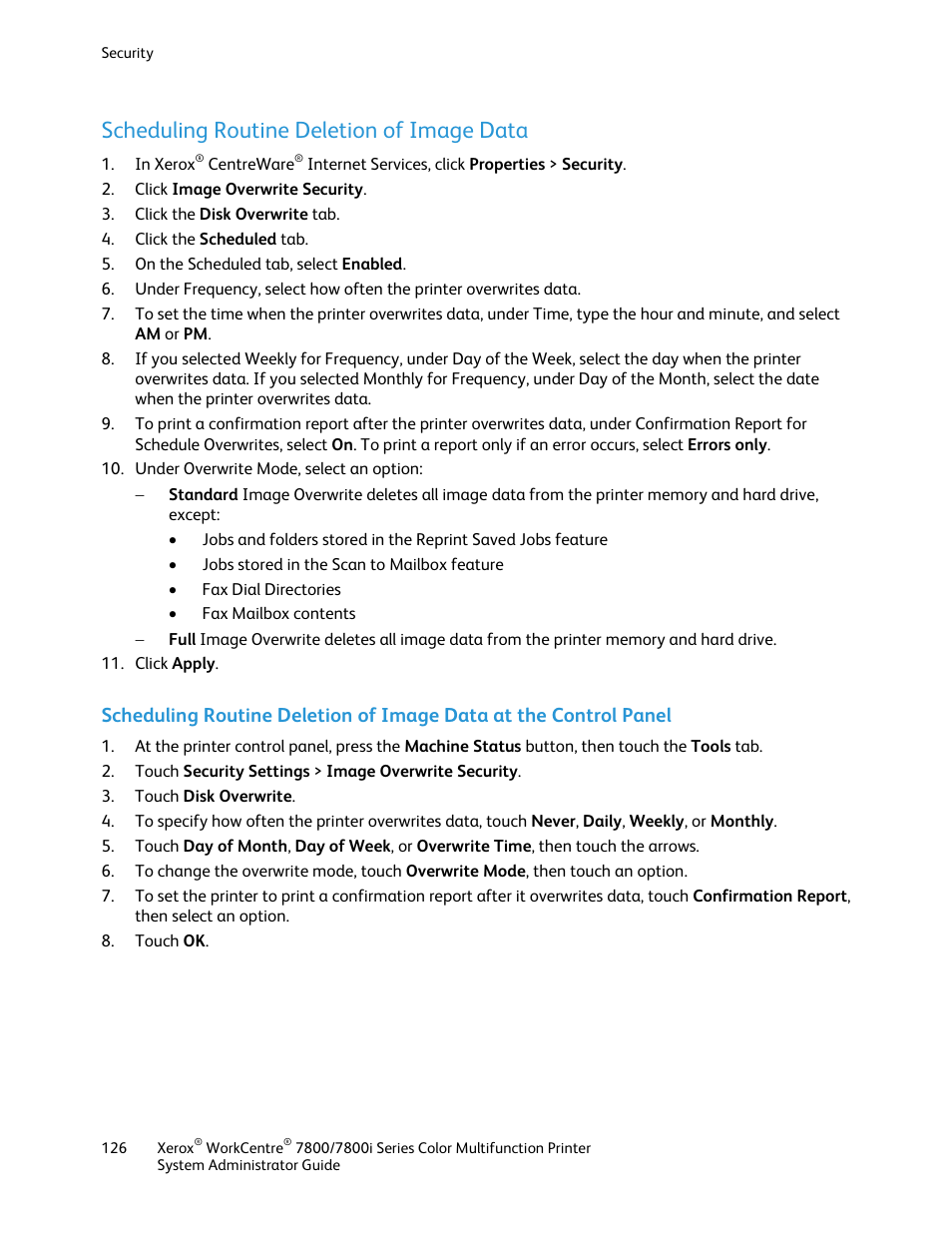 Scheduling routine deletion of image data | Xerox WorkCentre 7835ii User Manual | Page 126 / 284