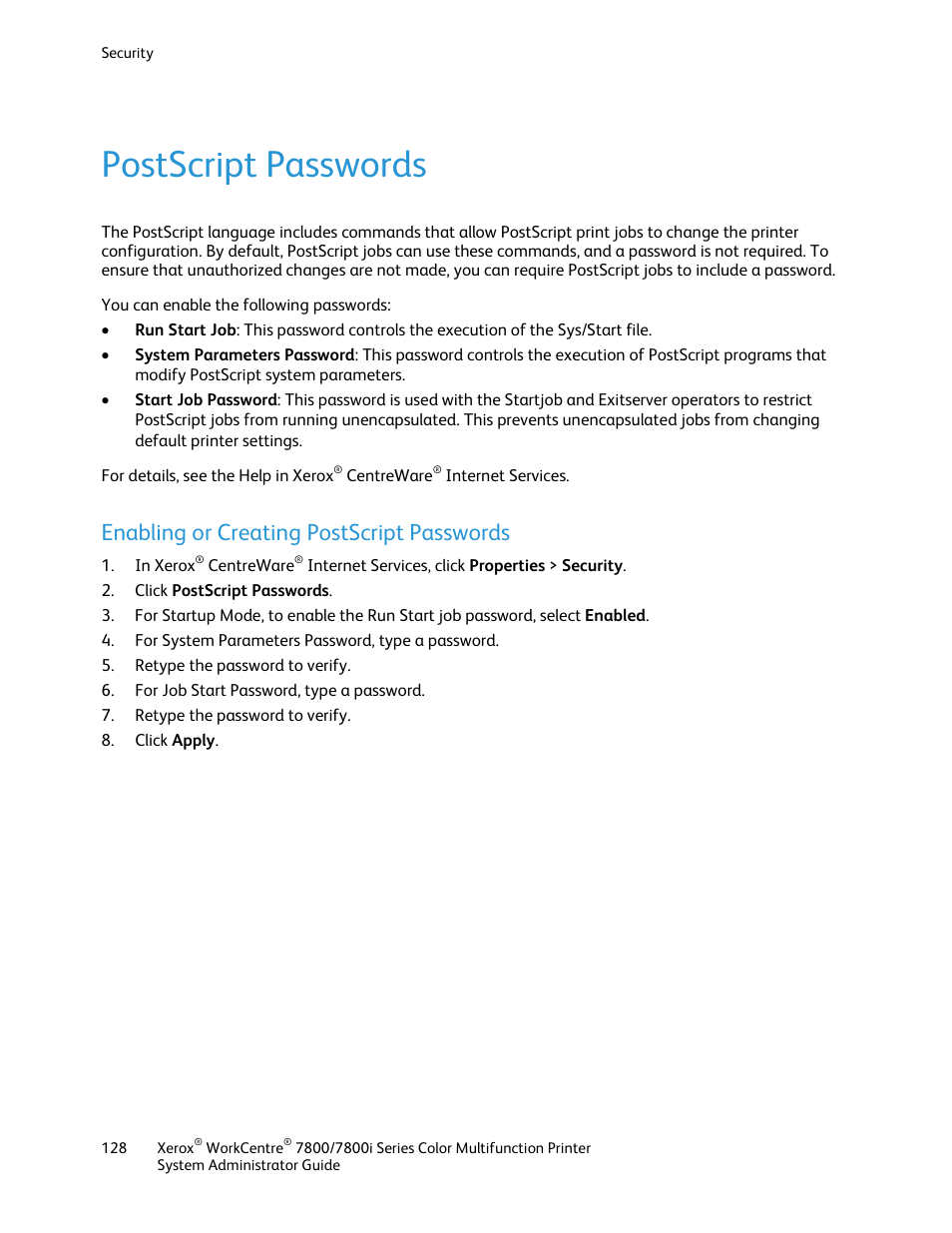 Postscript passwords, Enabling or creating postscript passwords | Xerox WorkCentre 7835ii User Manual | Page 128 / 284