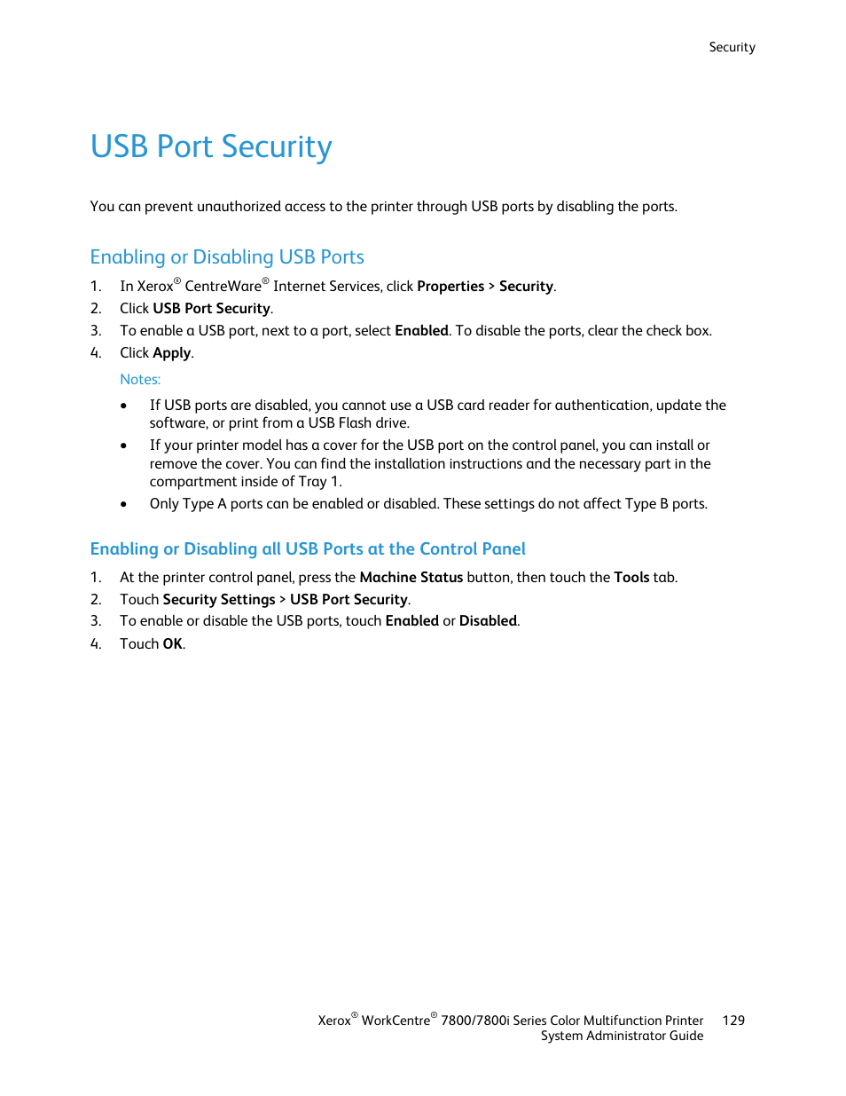 Usb port security, Enabling or disabling usb ports | Xerox WorkCentre 7835ii User Manual | Page 129 / 284