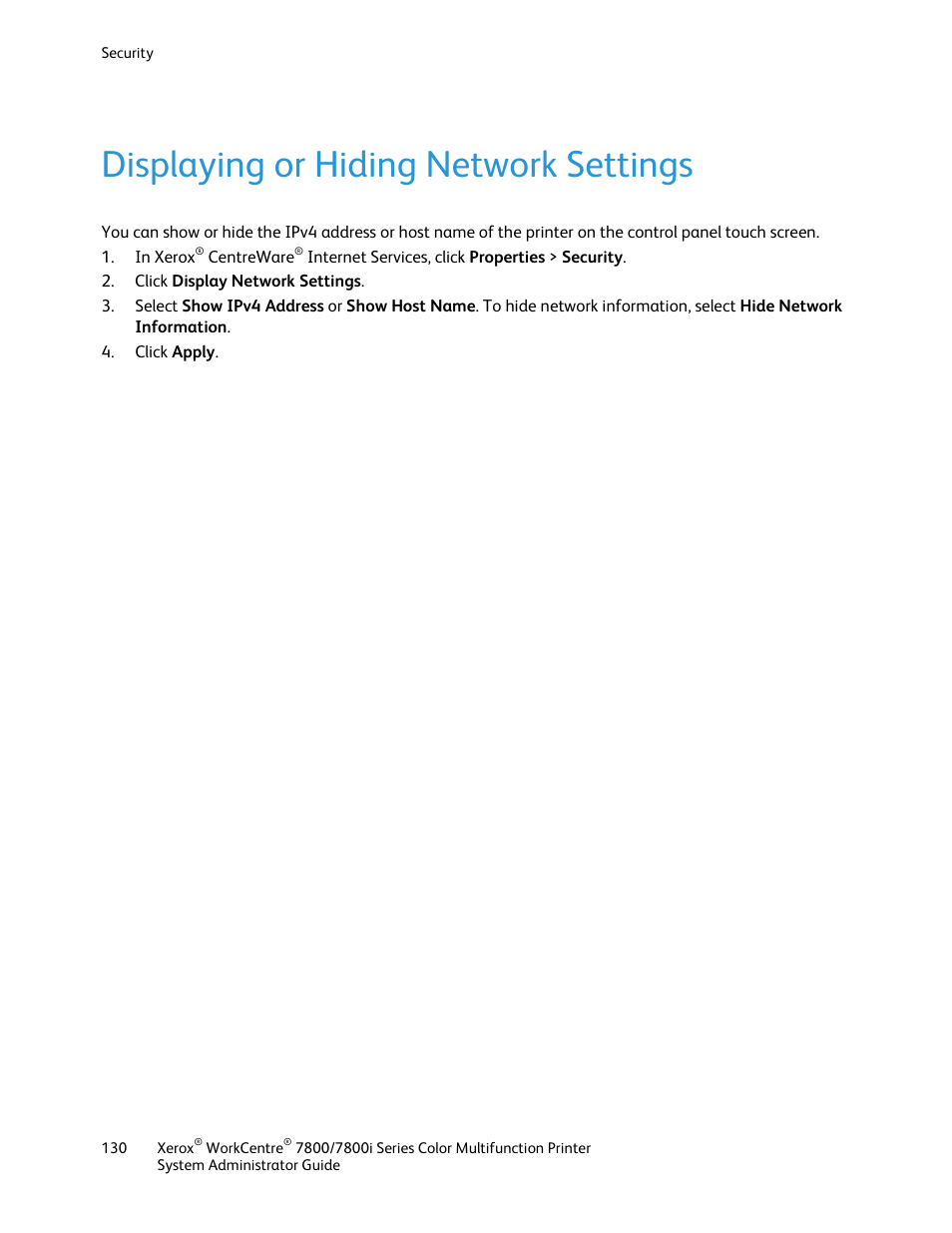 Displaying or hiding network settings | Xerox WorkCentre 7835ii User Manual | Page 130 / 284