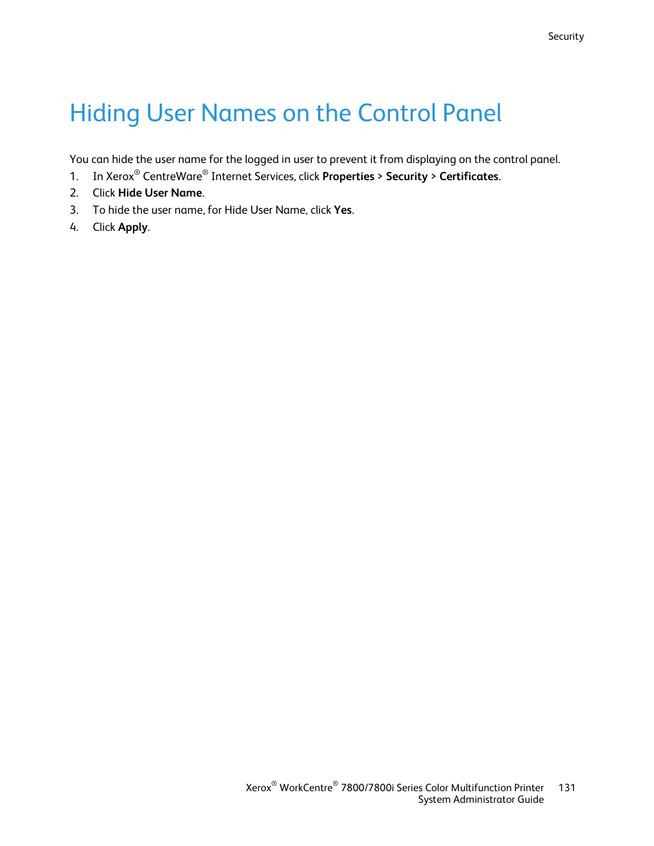 Hiding user names on the control panel | Xerox WorkCentre 7835ii User Manual | Page 131 / 284