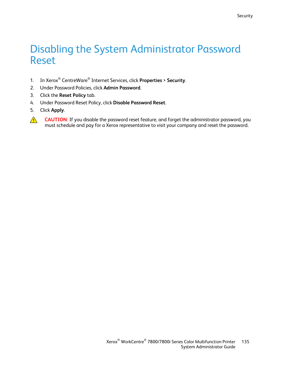 Disabling the system administrator password reset | Xerox WorkCentre 7835ii User Manual | Page 135 / 284