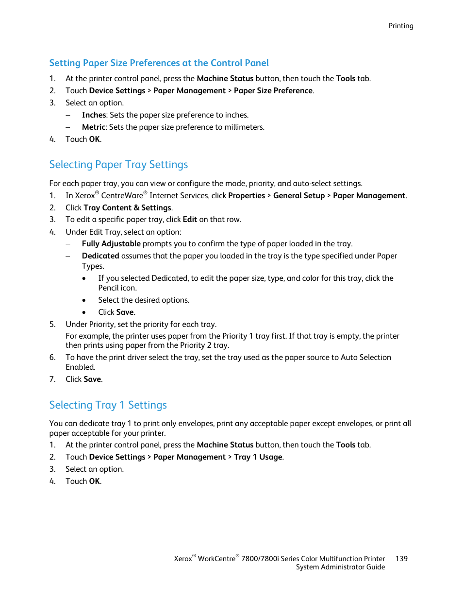 Selecting paper tray settings, Selecting tray 1 settings | Xerox WorkCentre 7835ii User Manual | Page 139 / 284