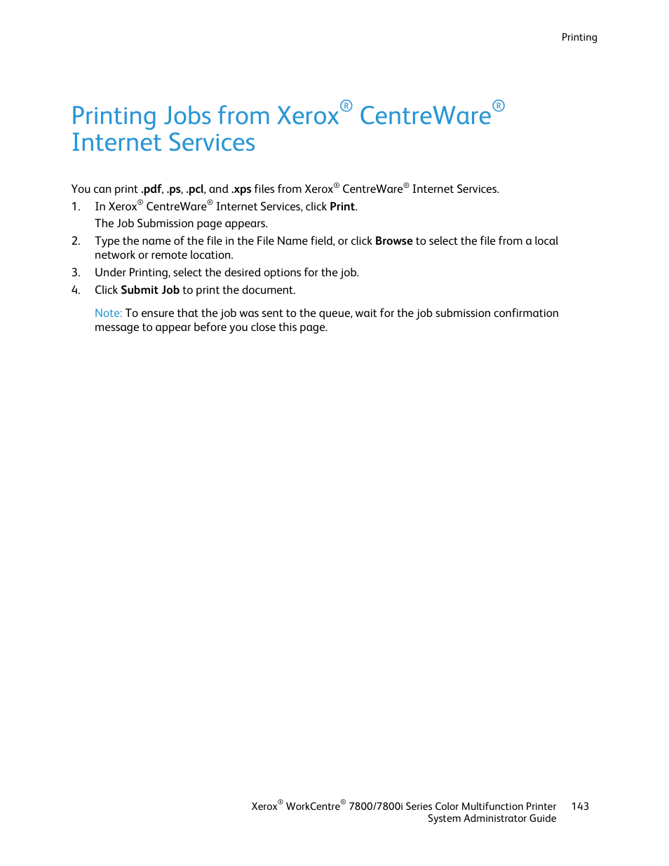 Printing jobs from xerox, Centreware, Internet services | Xerox WorkCentre 7835ii User Manual | Page 143 / 284