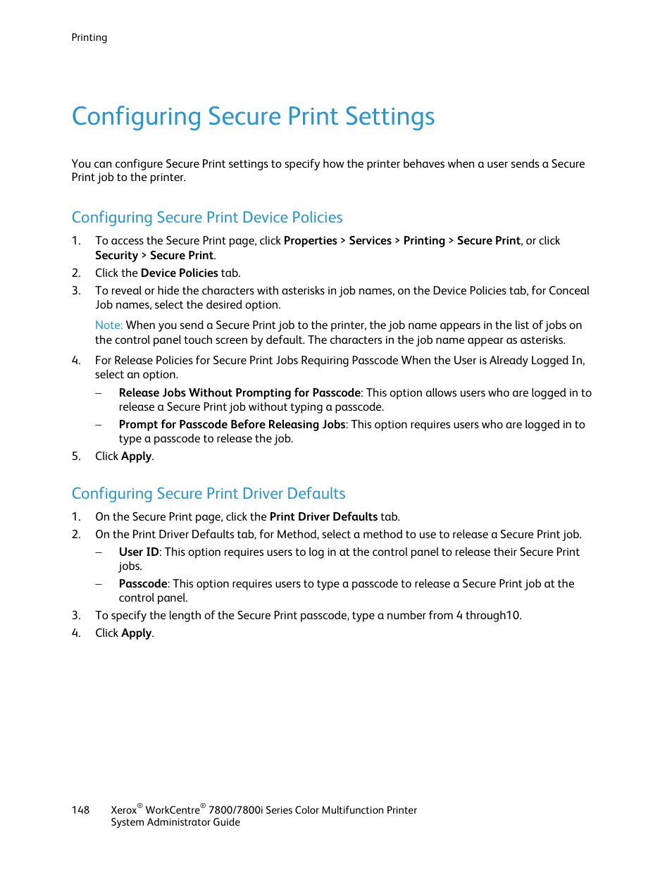 Configuring secure print settings, Configuring secure print device policies, Configuring secure print driver defaults | Xerox WorkCentre 7835ii User Manual | Page 148 / 284