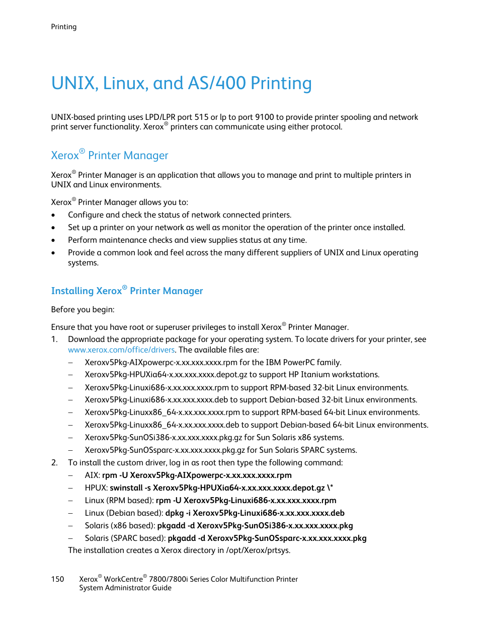 Unix, linux, and as/400 printing, Xerox® printer manager, Installing xerox® printer manager | Xerox, Printer manager, Installing xerox | Xerox WorkCentre 7835ii User Manual | Page 150 / 284