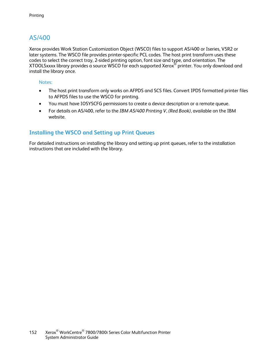 As/400, Installing the wsco and setting up print queues | Xerox WorkCentre 7835ii User Manual | Page 152 / 284