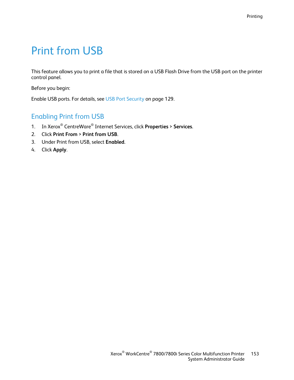 Print from usb, Enabling print from usb | Xerox WorkCentre 7835ii User Manual | Page 153 / 284