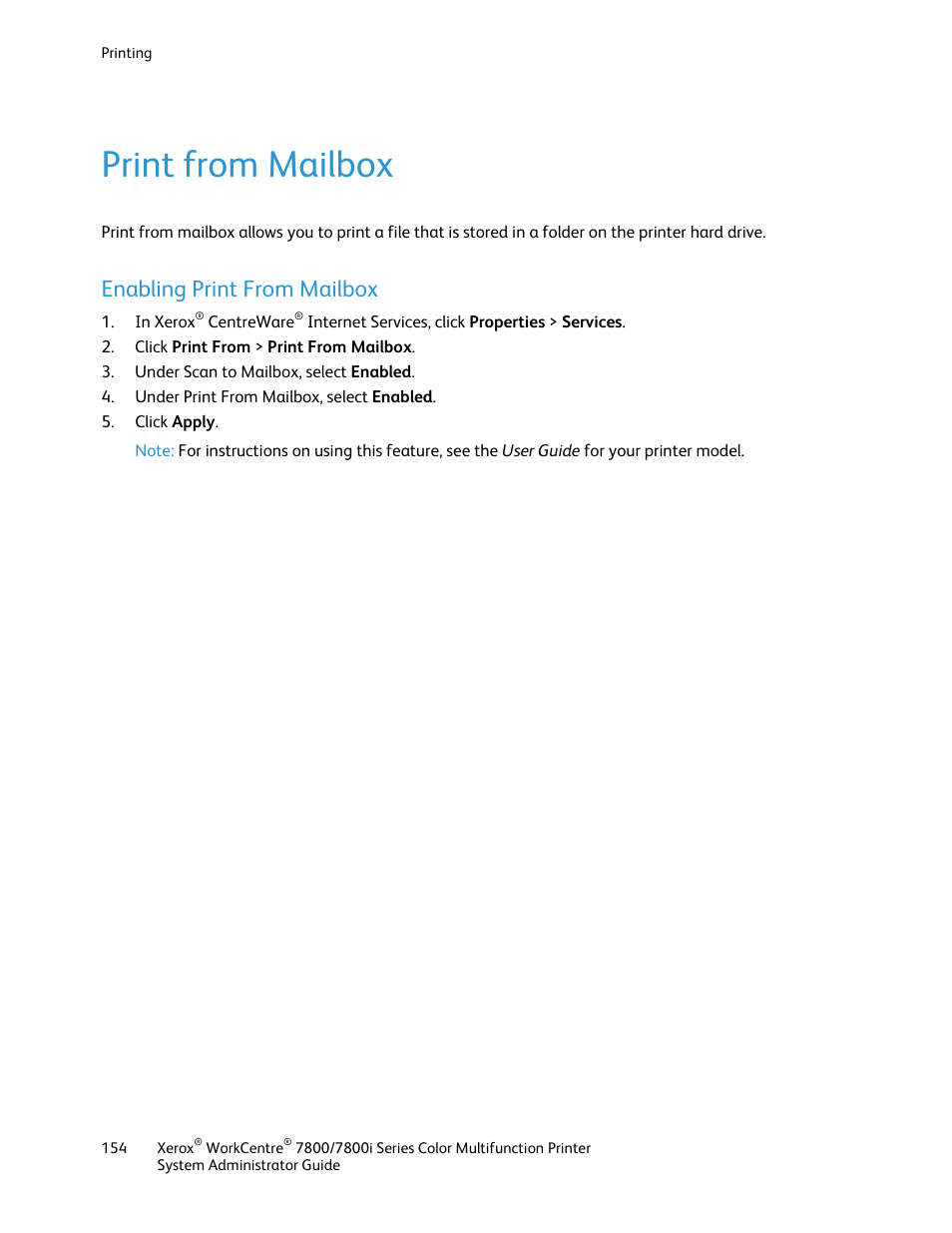 Print from mailbox, Enabling print from mailbox | Xerox WorkCentre 7835ii User Manual | Page 154 / 284