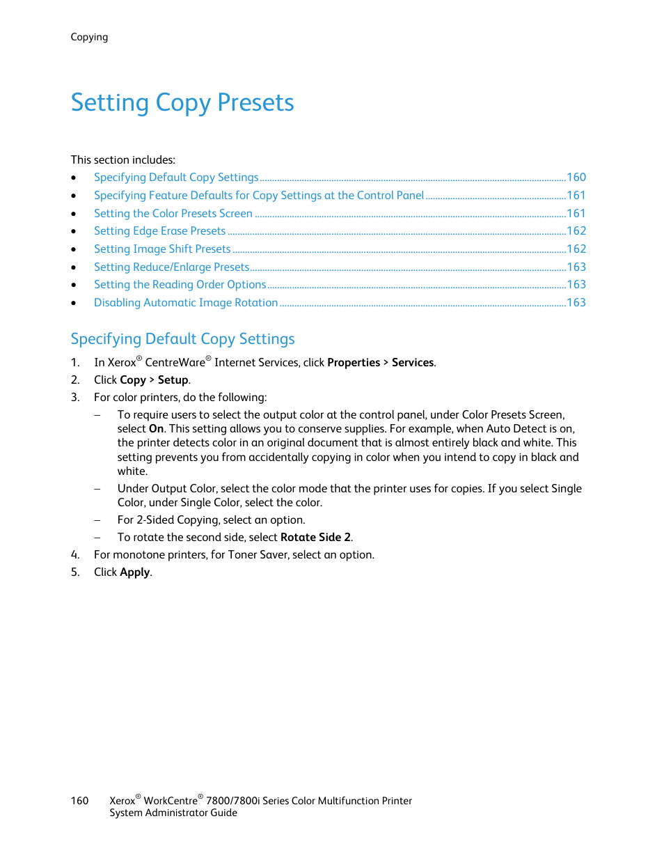 Setting copy presets, Specifying default copy settings | Xerox WorkCentre 7835ii User Manual | Page 160 / 284