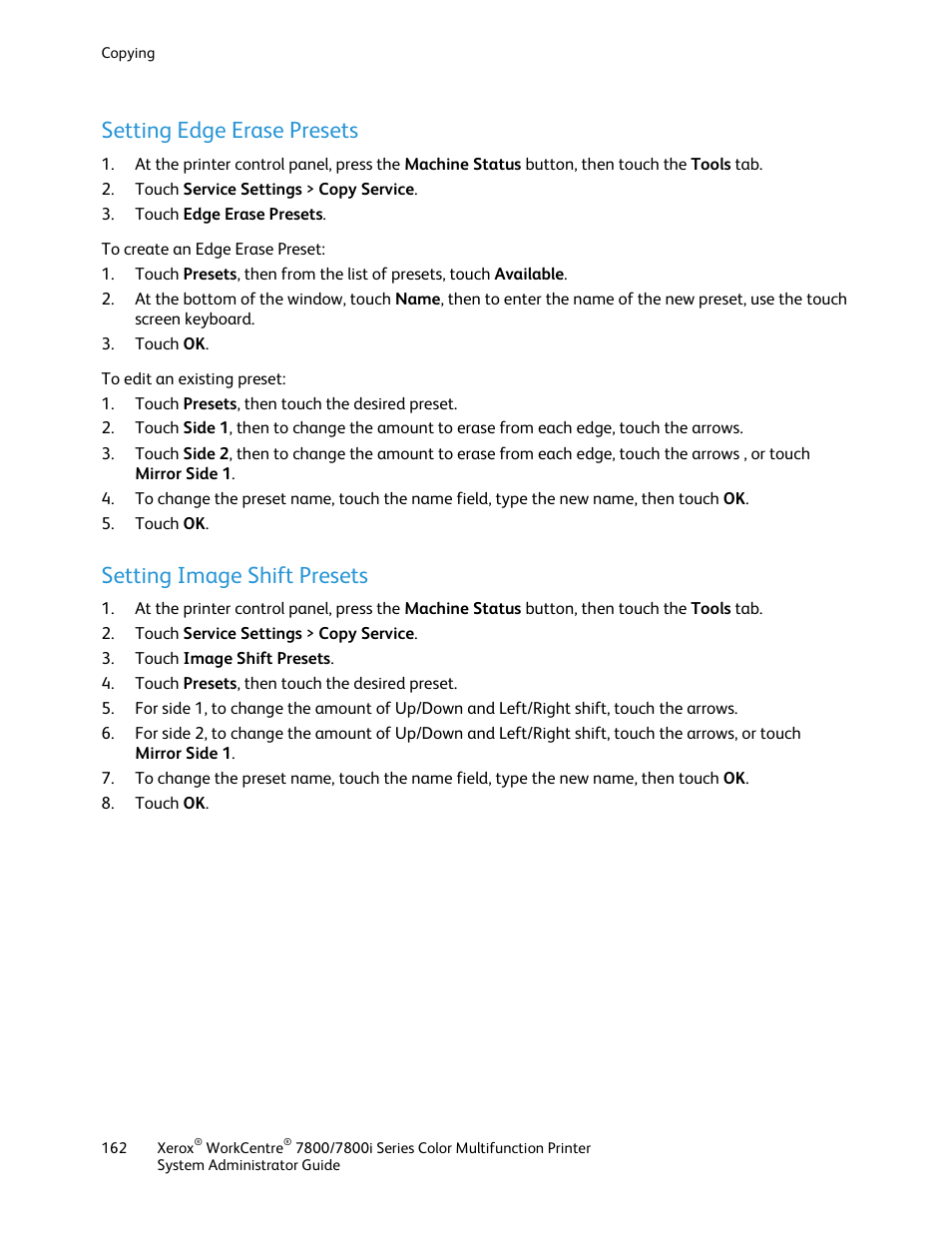 Setting edge erase presets, Setting image shift presets | Xerox WorkCentre 7835ii User Manual | Page 162 / 284