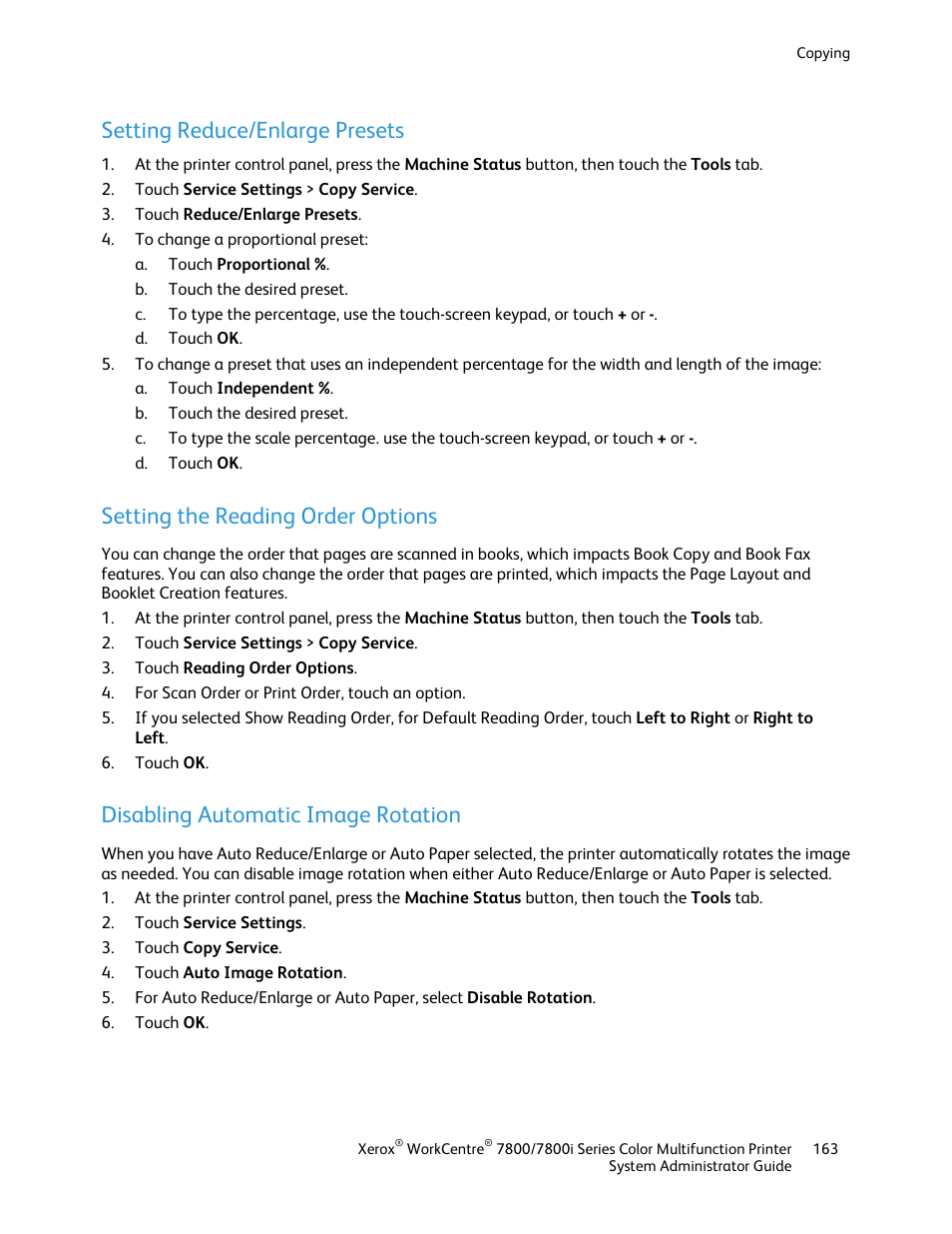 Setting reduce/enlarge presets, Setting the reading order options, Disabling automatic image rotation | Xerox WorkCentre 7835ii User Manual | Page 163 / 284