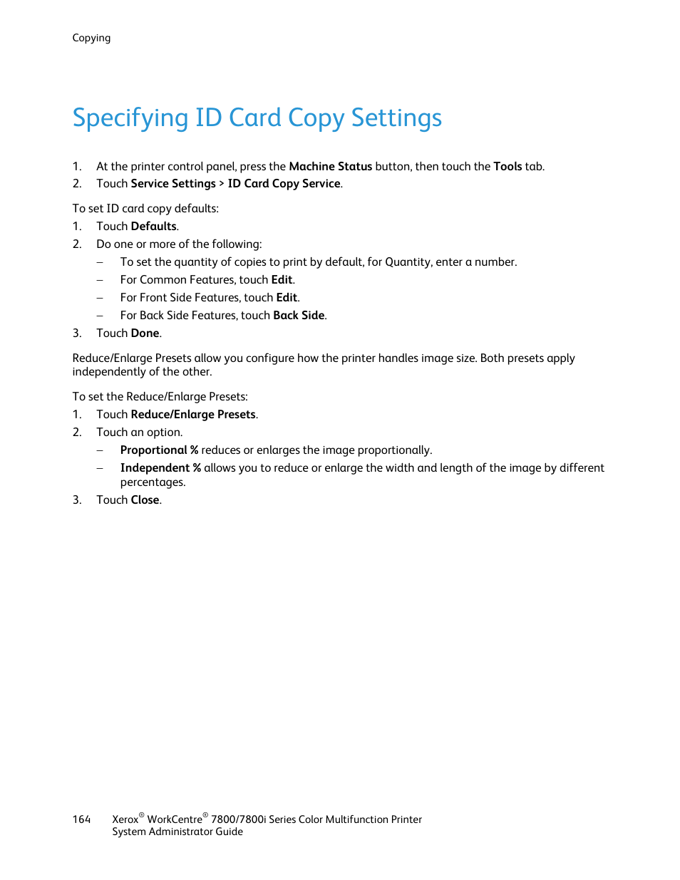 Specifying id card copy settings | Xerox WorkCentre 7835ii User Manual | Page 164 / 284