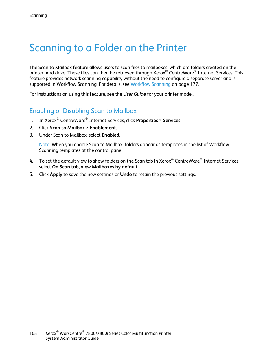 Scanning to a folder on the printer, Enabling or disabling scan to mailbox | Xerox WorkCentre 7835ii User Manual | Page 168 / 284