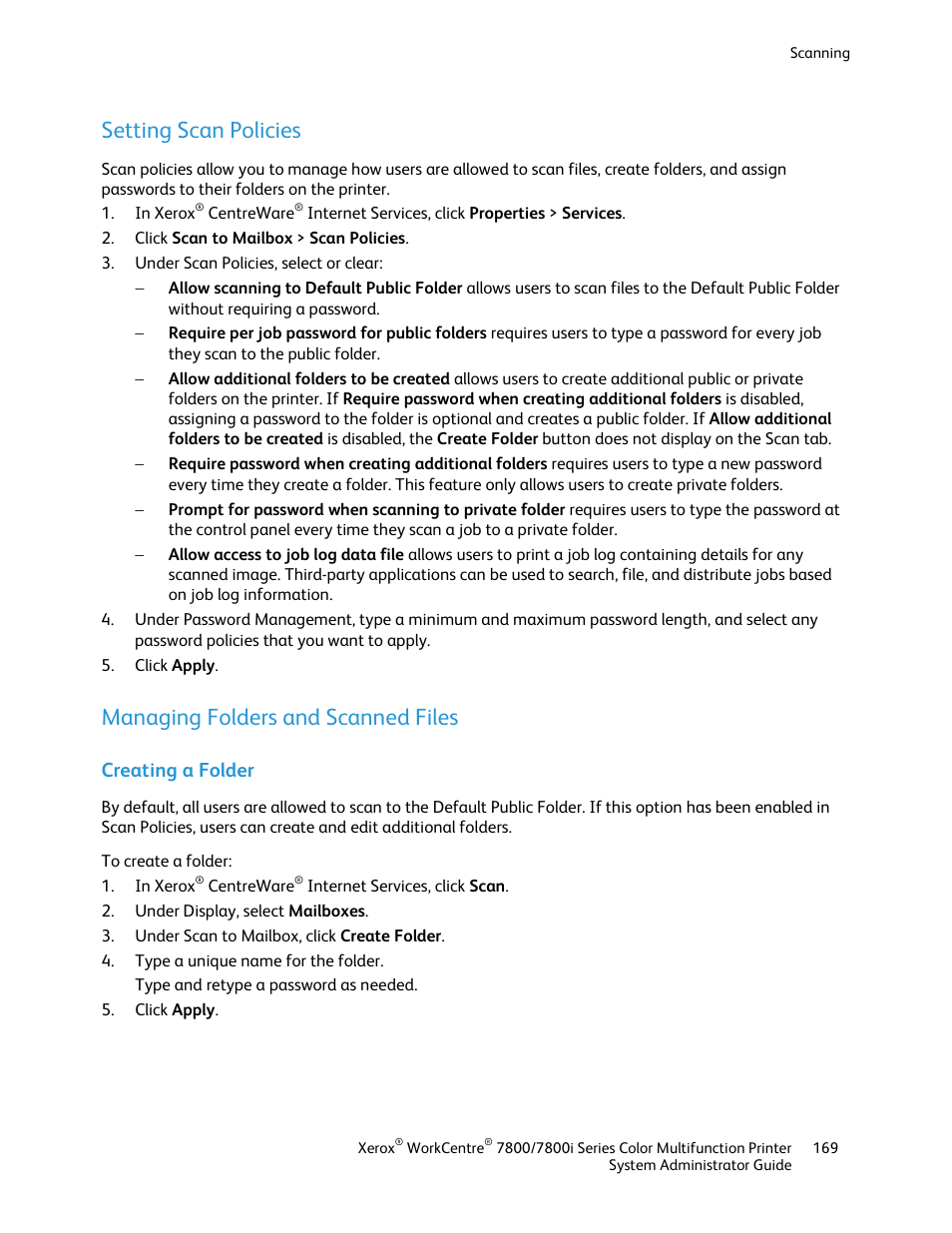 Setting scan policies, Managing folders and scanned files, Creating a folder | Xerox WorkCentre 7835ii User Manual | Page 169 / 284