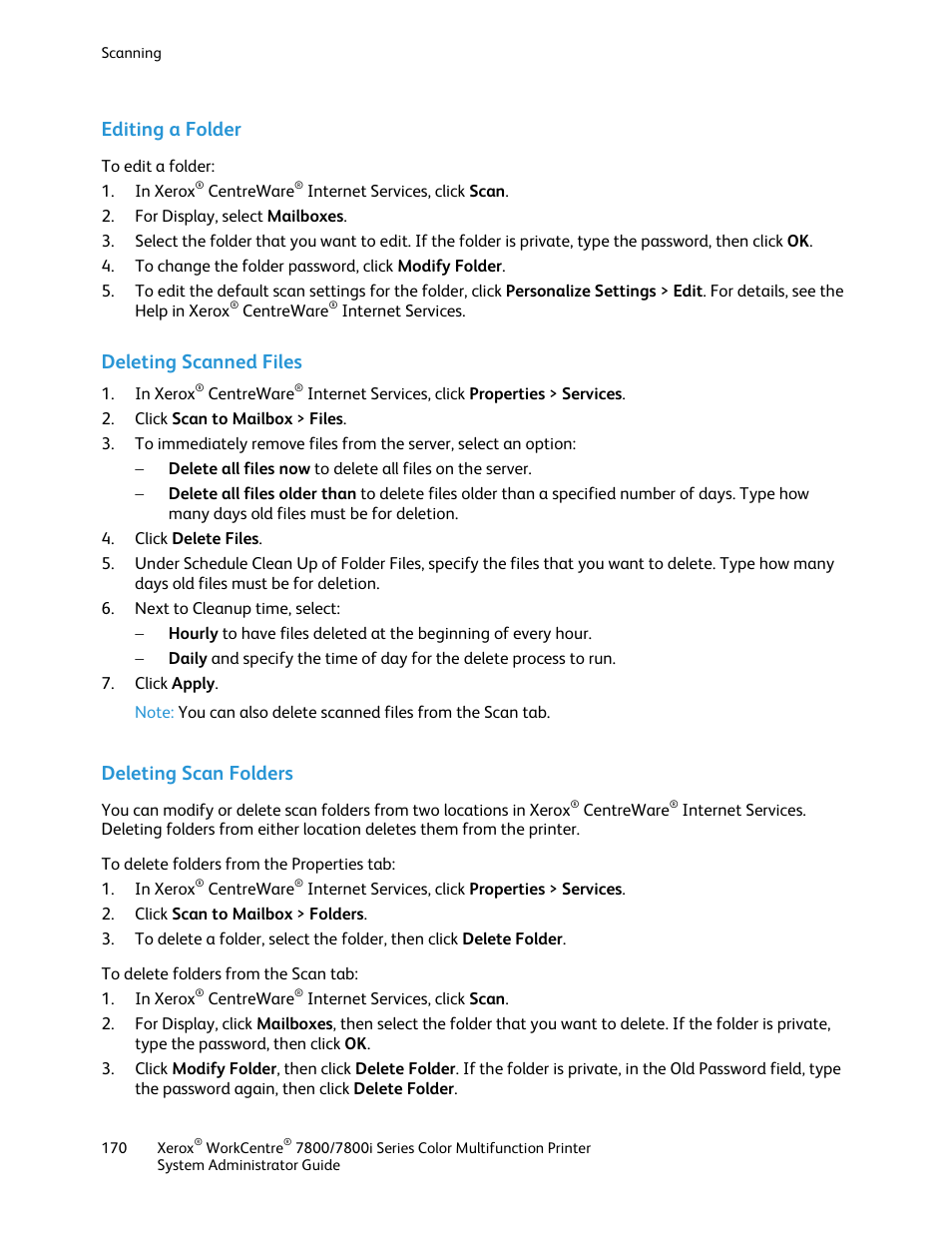 Editing a folder, Deleting scanned files, Deleting scan folders | Xerox WorkCentre 7835ii User Manual | Page 170 / 284