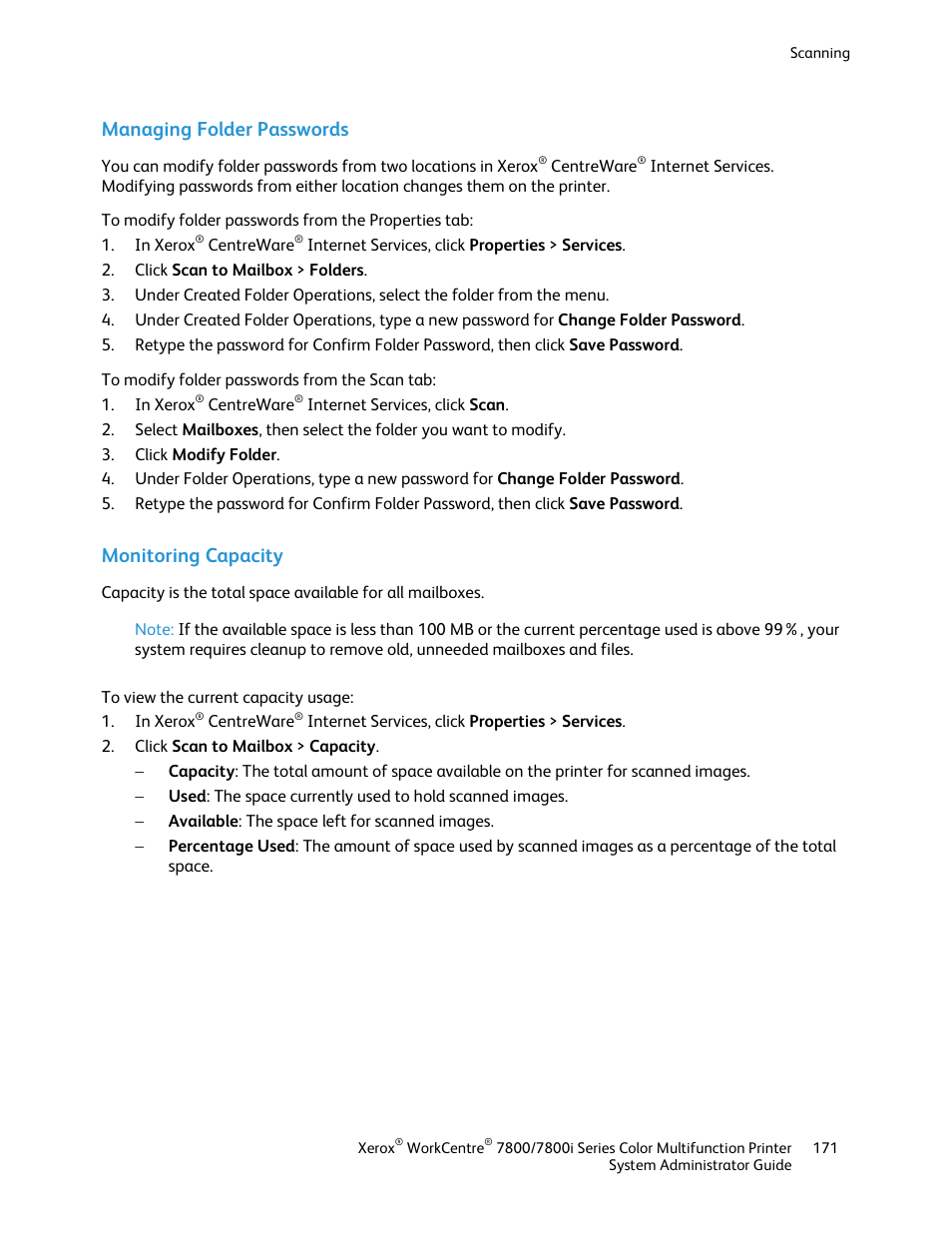 Managing folder passwords, Monitoring capacity | Xerox WorkCentre 7835ii User Manual | Page 171 / 284