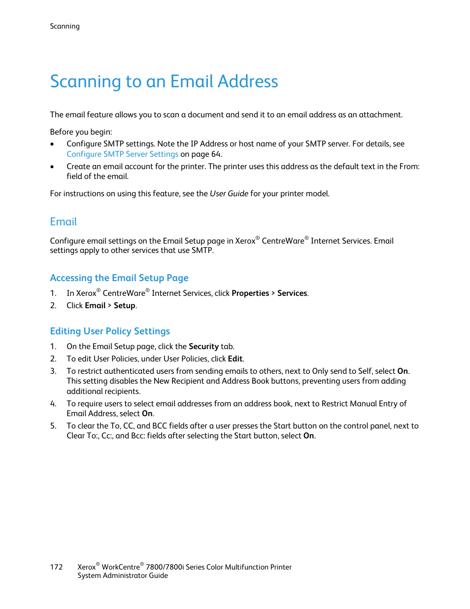 Scanning to an email address, Email, Editing user policy settings | Accessing the email setup page | Xerox WorkCentre 7835ii User Manual | Page 172 / 284