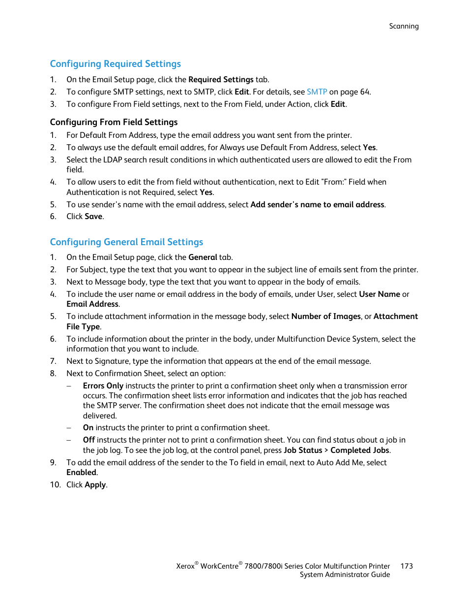 Configuring required settings, Configuring from field settings, Configuring general email settings | Xerox WorkCentre 7835ii User Manual | Page 173 / 284