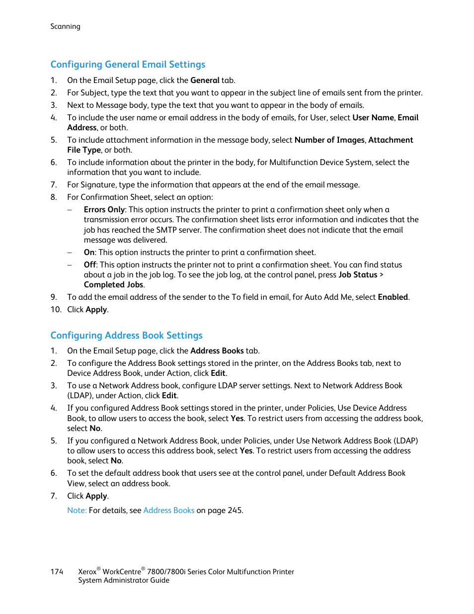 Configuring general email settings, Configuring address book settings | Xerox WorkCentre 7835ii User Manual | Page 174 / 284