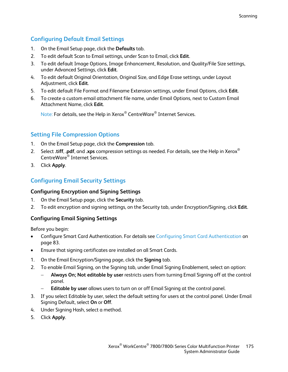 Configuring default email settings, Setting file compression options, Configuring email security settings | Configuring encryption and signing settings, Configuring email signing settings | Xerox WorkCentre 7835ii User Manual | Page 175 / 284