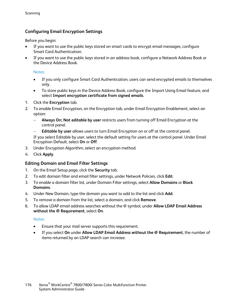 Configuring email encryption settings, Editing domain and email filter settings | Xerox WorkCentre 7835ii User Manual | Page 176 / 284