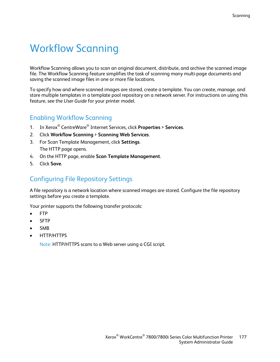 Workflow scanning, Enabling workflow scanning, Configuring file repository settings | Xerox WorkCentre 7835ii User Manual | Page 177 / 284