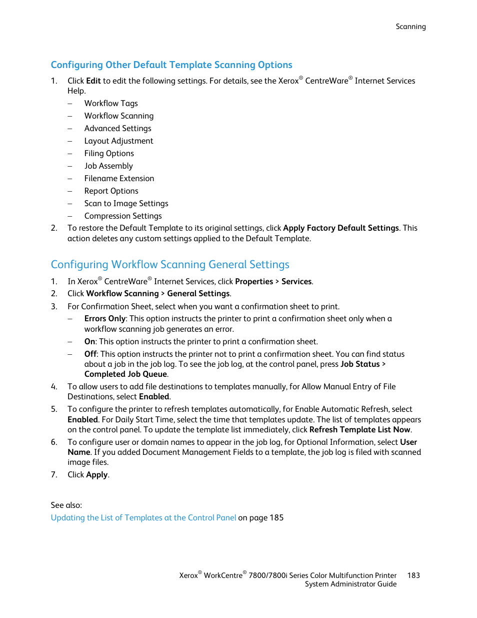 Configuring workflow scanning general settings | Xerox WorkCentre 7835ii User Manual | Page 183 / 284