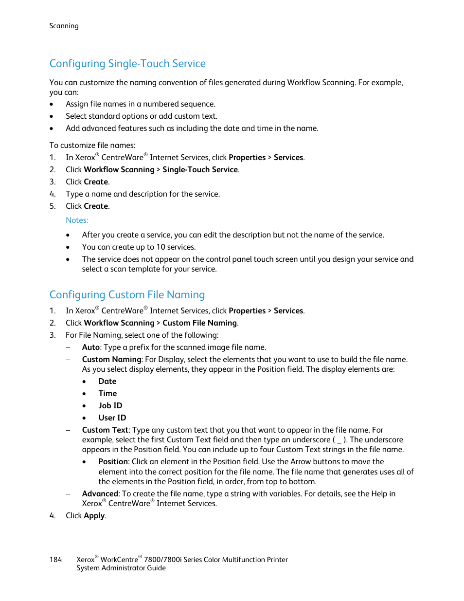 Configuring single-touch service, Configuring custom file naming | Xerox WorkCentre 7835ii User Manual | Page 184 / 284