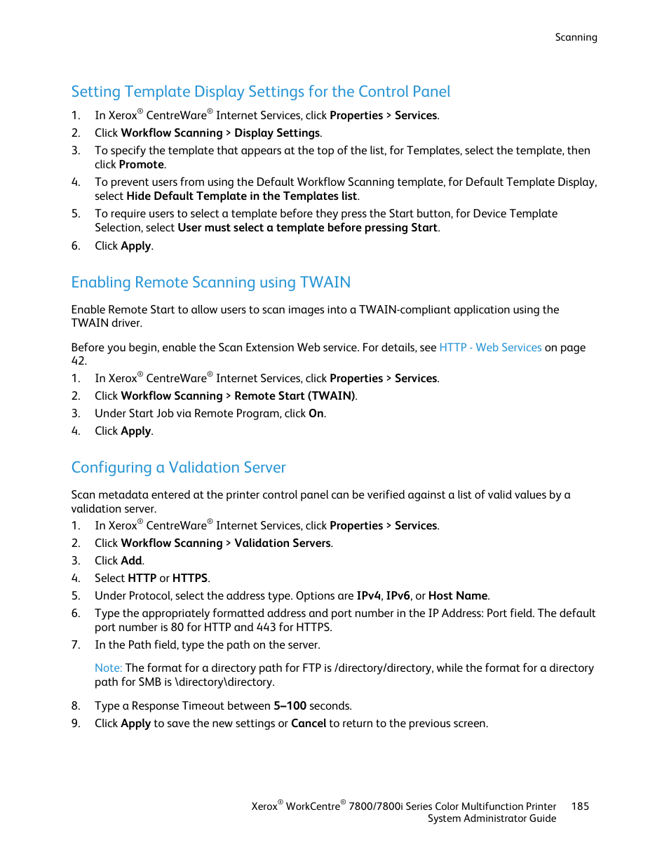 Enabling remote scanning using twain, Configuring a validation server | Xerox WorkCentre 7835ii User Manual | Page 185 / 284