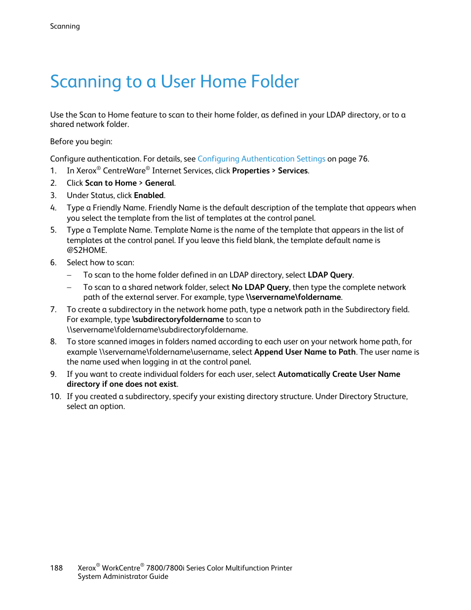 Scanning to a user home folder | Xerox WorkCentre 7835ii User Manual | Page 188 / 284